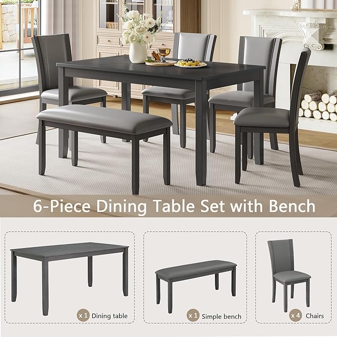 6-Piece Dining Table Set with Bench and Chairs, Wooden Dining Table Set for 6 People, Farmhouse Rustic Kitchen Table Set for Dining Room, Dark Walnut