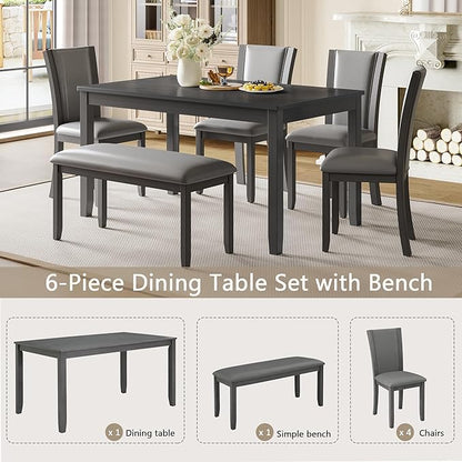 6-Piece Dining Table Set with Bench and Chairs, Wooden Dining Table Set for 6 People, Farmhouse Rustic Kitchen Table Set for Dining Room, Dark Walnut