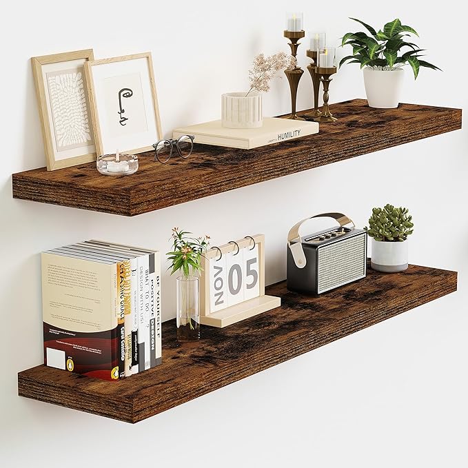 Vivelove Floating Shelves for Wall Mounted, 32 Inches Long Shelves, Display Shelf for Bathroom Living Room Kitchen Bedroom Office Farmhouse Home Decor, 32" X 9.3" X 1.5" - Set of 2, Rustic Brown