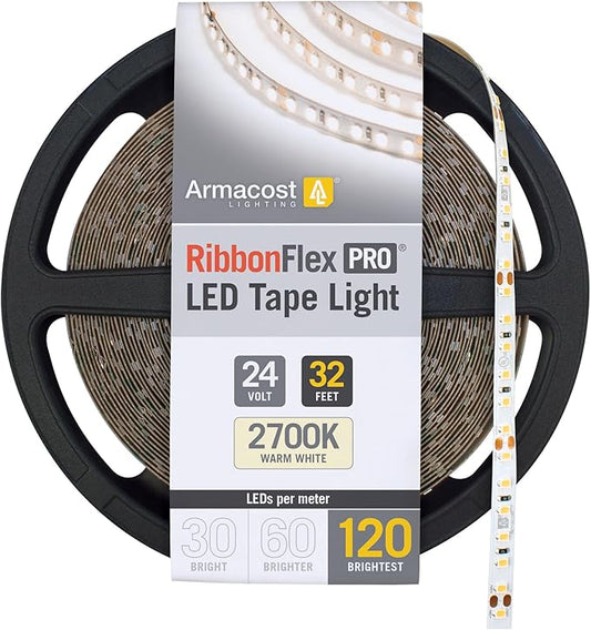 Armacost Lighting RibbonFlex Pro 24V White LED Strip Lights 120 LED/m, 2700K, 32.8 ft 136250