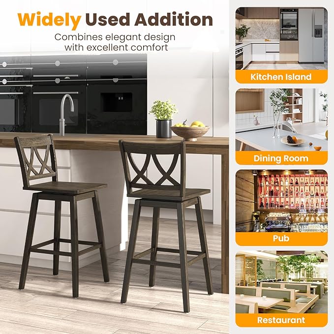 Giantex 29" Bar Stools Set of 2, Swivel Wooden Bar Chairs with Rubber Wood Frame, Footrest & Ergonomic Backrest, Bar Height Barstools for Kitchen Island, Restaurant & Pub, Dark Grey