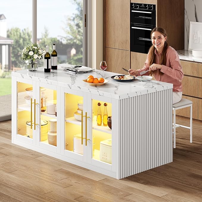 Kitchen Island with Storage, 55" W Large Island Table with LED Light for Dining Room, Kitchen Carts on Wheels Breakfast Bar Table w/Power Outlet, White