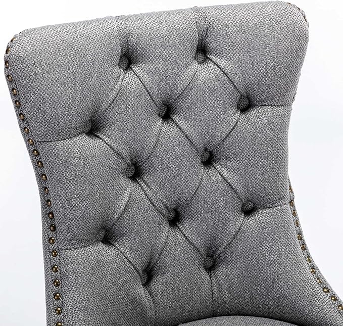 Ball & Cast Contemporary Upholstered Dining Chairs Set of 2, Button Tufted Kitchen Side-Chairs with Hang Ring & Nailhead Trims & Solid Wood Legs, 2-Piece Backrest Traditional Chair, Linen Gray