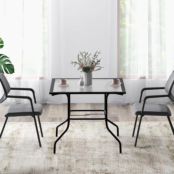 HAPPYGRILL Patio Square Dining Table 35" x 35", Outdoor Dining Table with Tempered Glass Tabletop & 1.5" Umbrella Hole, Metal Bistro Table for Garden Backyard and Porch