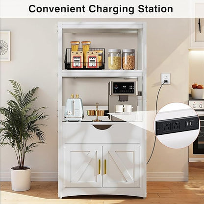VECELO 2-Tier Microwave Stand with Power Outlet & USB Ports, 15.5" Deep Kitchen Pantry Cabinet, Fits 1.0 Cu.Ft Microwave, Modern Farmhouse Coffee Bar Storage with Drawer & Barn Door for Kitchen, White