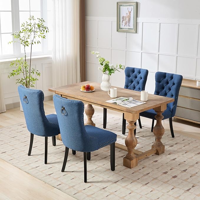 Ball & Cast Contemporary Upholstered Dining Chairs Set of 2, Flax Button Tufted Kitchen Side-Chairs with Hang Ring & Nailhead Trims & Wood Legs, 2-Piece Backrest Traditional Chair, Black+Blue