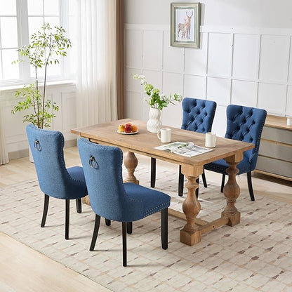 Ball & Cast Contemporary Upholstered Dining Chairs Set of 2, Flax Button Tufted Kitchen Side-Chairs with Hang Ring & Nailhead Trims & Wood Legs, 2-Piece Backrest Traditional Chair, Black+Blue