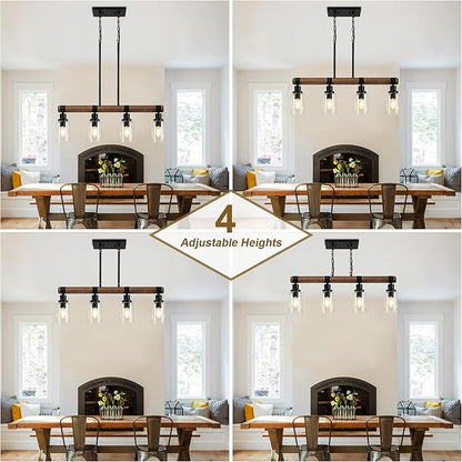 Dining Room Chandelier Over Table, 4-Light Farmhouse Kitchen Island Lighting, Matte Black Rustic Wood Chandelier with Clear Glass Shade, Ceiling Pendant Light Fixture for Kitchen