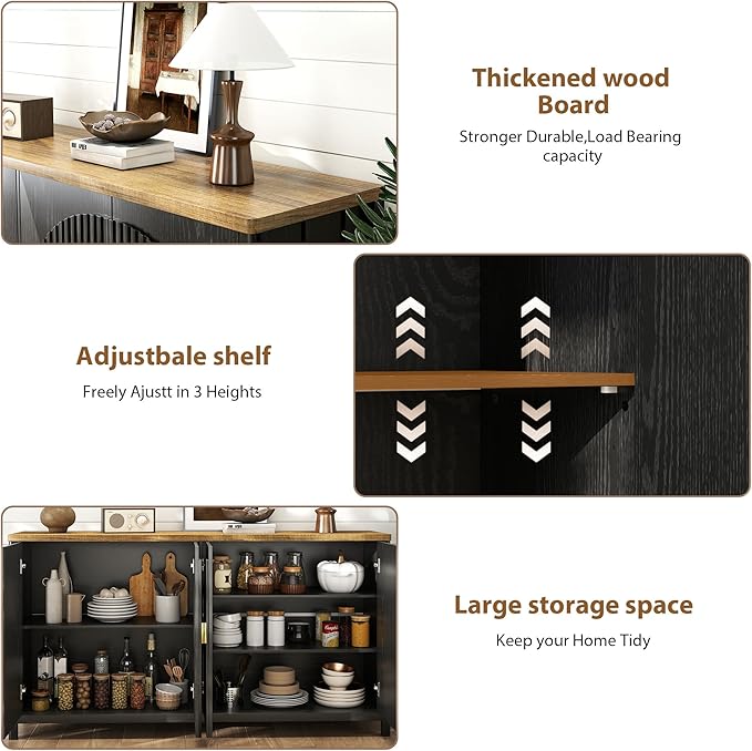 Sideboard Cabinet with Storage - 63” Large Kitchen Buffet Table, Adjustable Shelf & 4 Fluted Doors Farmhouse Coffee Bar for Living Room Dining Room Entryway, Black