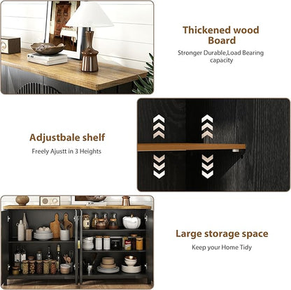 Sideboard Cabinet with Storage - 63” Large Kitchen Buffet Table, Adjustable Shelf & 4 Fluted Doors Farmhouse Coffee Bar for Living Room Dining Room Entryway, Black