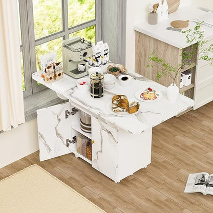 JIJIWANG 47" Wood Folding Dining Table with Storage Rack and Cabinet, Removable Entryway Table with 6 Wheels, White Marble Color Kitchen Island, Side Table and Coffee Table, Space Saving, White