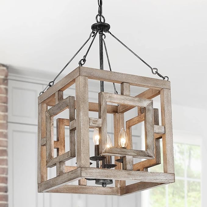 Farmhouse Chandelier, Rustic Square Wood Pendant Chandeliers Haning Light Fixture for Dining Room, Bedrooms, Living Room, Entryway