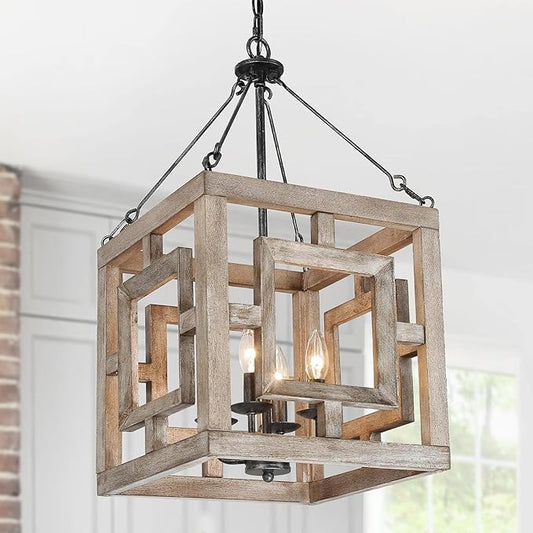 Farmhouse Chandelier, Rustic Square Wood Pendant Chandeliers Haning Light Fixture for Dining Room, Bedrooms, Living Room, Entryway