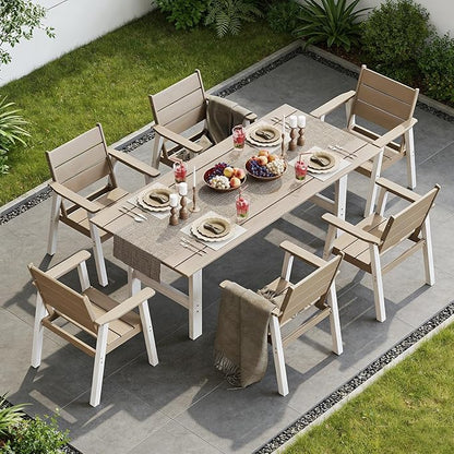 Outdoor Dining Set,7-Piece Patio Table and Chairs Set for 6, HDPE Outdoor Dining Table and Chairs with Umbrella Hole, All-Weather Patio Dining Furniture Set,White Brown