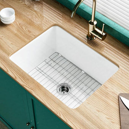 Miuara White Undermount Kitchen Sink 24 Inch - Small Topmount Fireclay Bar Sink Drop In 24"x19"x11", Dual Mount Deep Single Bowl, w 2 Accessories, Glossy White, for Kitchen & Laundry & Small Space