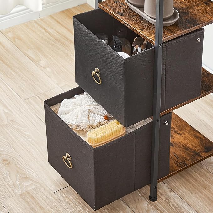 HOOBRO Corner Cabinet, 4-Tier Corner Shelf Stand with 2 Drawers,Bathroom Floor Cabinet, Narrow Storage Cabinet, for Bathroom, Living Room, Rustic Brown and Black BF87CW01
