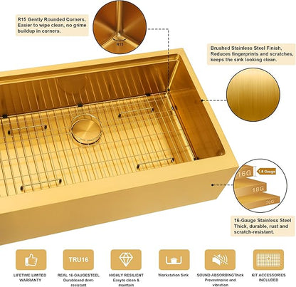 28-Inch Farmhouse Kitchen Sink, 16 Gauge Stainless Steel Farm Sink, Undermount Single Bowl, Brushed Finish, Deep Basin, Workstation Design with Accessories (Gold, 28" x 22" x 10")