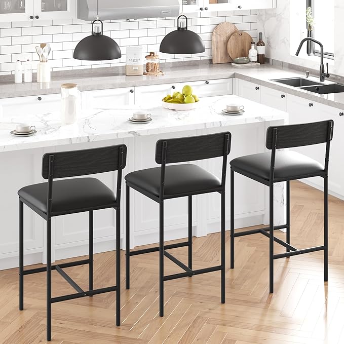 TrailBlaze Bar Stools Set of 2, 25.5'' Counter Height Upholstered Chairs with Backrest & Footrest, Modern PU Leather Barstools - Kitchen Island, Dining Room, Breakfast Bar - Easy Assembly - Black