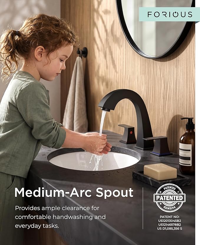 FORIOUS Bathroom Sink Faucet 3 Hole, Matte Black Bathroom Faucets for Vanity with Pop-up Drain and Supply Lines, Lead-Free 8 Inch Widespread Faucet for 3 Hole Sink