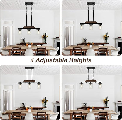 3-Light Kitchen Chandeliers Over Table, Farmhouse Chandeliers for Dining Room, Black Linear Chandelier with Clear Glass Shades, Modern Rustic Wood Dining Room Light Fixture, with Adjustable Height
