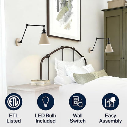 JONATHAN Y 7" Almond/Black Classic Industrial Metal Adjustable Arm LED Wall Sconce for Bedside Reading, Farmhouse Swing Arm Wall Lamp with Metal Shade, Hardwired (JYL7462F-SET2)
