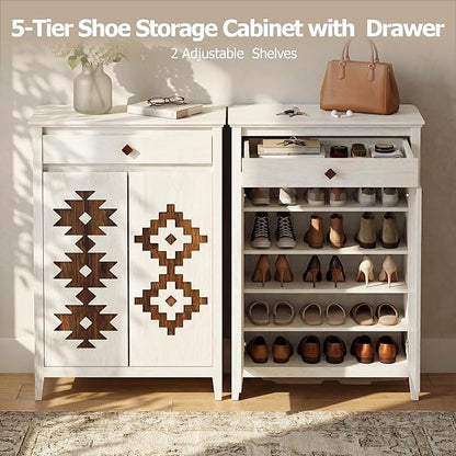 5-Tier Shoe Cabinet with Drawers, Wooden Shoe Storage Cabinet with Adjustable Shelves,Simple Tribal Style Freestanding Walnut Shoe Cabinet Suitable for Entrance,Corridor,Cloakroom,White