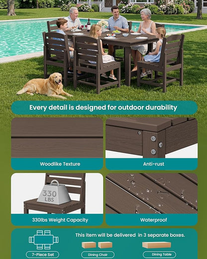SERWALL Patio Dining Sets for 6 Person, HDPE Dining Set with 6 Armless Chairs, Coffee