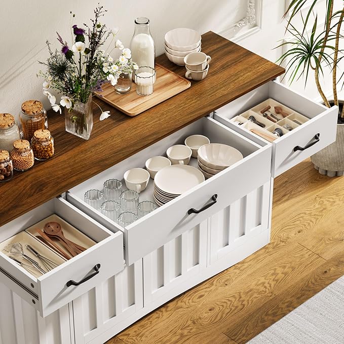 Gizoon Sideboard Buffet Cabinet with Storage, Modern Kitchen Sideboard and Coffee Bar with Drawers and Doors, Wood Buffet Table for Dining Room, 15.2" D x 55.1" W x 31.9" H, White/Rustic Brown
