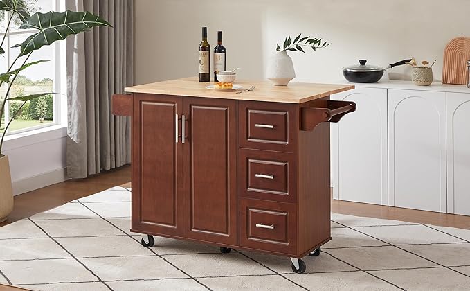 Modern Dining Table Expandable Kitchen Island with Drop Countertop Cabinet Tower Rack Rolling Cart Wheels Wood Console,Brown