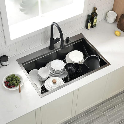 33 Inch Black Drop In Kitchen Sink, Swift Horse 33x22 Inch 16-Gauge Black Stainless Steel Single Bowl Workstation Kitchen Sinks with Accessories for Kitchen Remodel