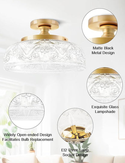 Semi Flush Mount Ceiling Light, 12 Inch Large Gold Ceiling Light Fixture, 3-Light Globe Glass Farmhouse Kitchen Lighting Fixtures for Bathroom, Hallway, Dining Room (Bulb Not Included)