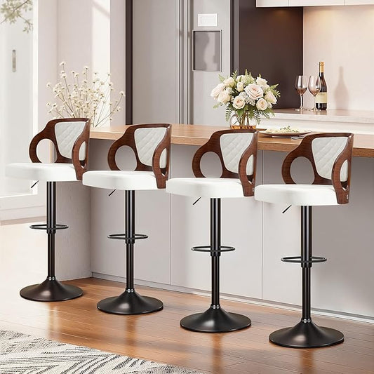 VECELO Bar Stool Set of 4, Kitchen Island Stools with Bentwood Back,Arm&Footrest,Island Chairs Adjustable Height PU Leather Cushion Seat,360°Swivel Stools for Kitchen Counter,Club Pub,Pearl White