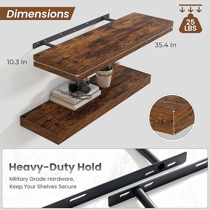 Heimlove 36 Inch Floating Shelves for Wall,10 Deep Brown Wood Shelves with Invisible Brackets,Wall Mounted Storage & Display Shelves for Bedroom,Living Room,Kitchen,Office