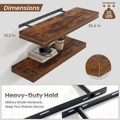 Heimlove 36 Inch Floating Shelves for Wall,10 Deep Brown Wood Shelves with Invisible Brackets,Wall Mounted Storage & Display Shelves for Bedroom,Living Room,Kitchen,Office