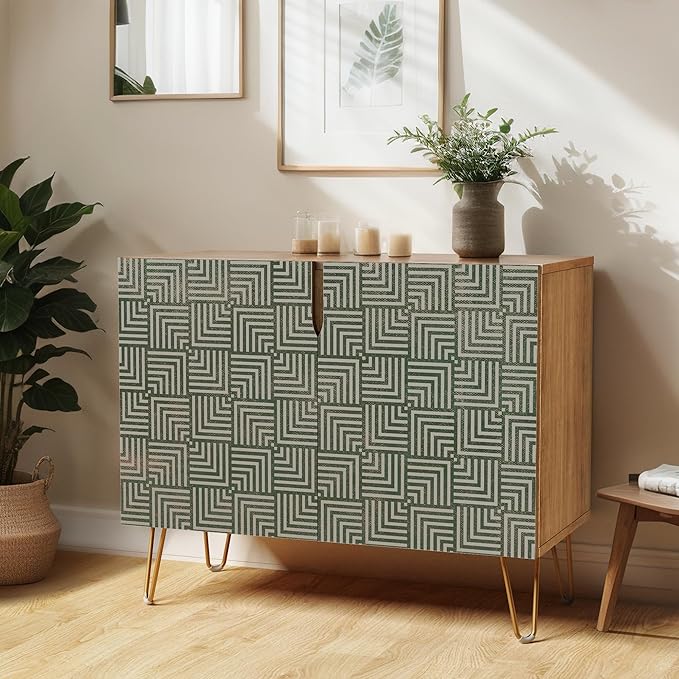 SIGNWIN Sideboard Buffet Cabinet, Kitchen Storage Cabinet with 2 Doors, Black Gray Geometric Square Pattern, Cupboard Console Table for Dining Room - 35" L x 18" W x 29" H