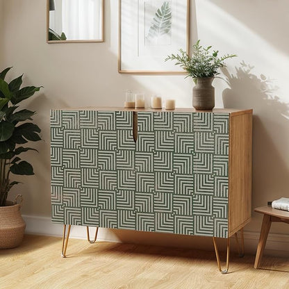 SIGNWIN Sideboard Buffet Cabinet, Kitchen Storage Cabinet with 2 Doors, Black Gray Geometric Square Pattern, Cupboard Console Table for Dining Room - 35" L x 18" W x 29" H