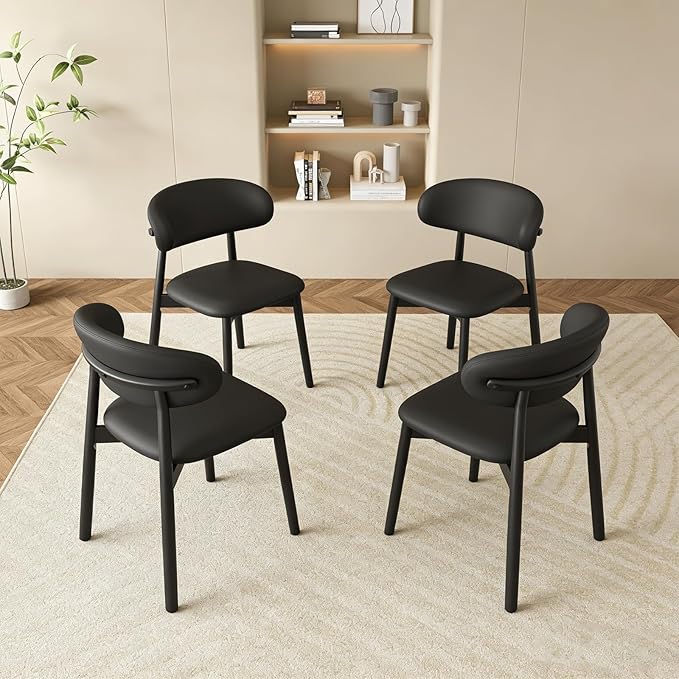 Farmhouse Dining Chairs, French Country Wooden Dinner Chairs with Curved Backrest Oak Frame,Rustic Upholstered Kitchen Chair for Living Room Vanity Lounge,4PCS Ebony/Black Leather