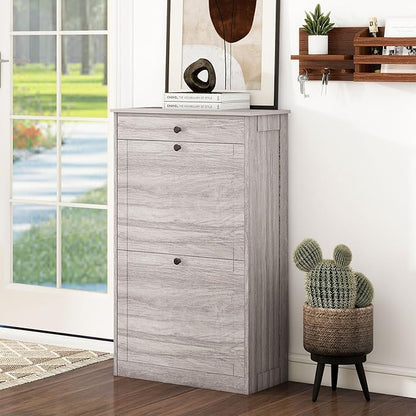 FTZxHKLX Shoe Storage Cabinet with 2 Flip Drawers, Narrow Freestanding Hidden Shoe Rack Cabinet, Pet-Proof Shoe Organizer for Closet, Entryway, Hallway, Wash Grey