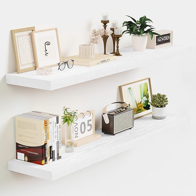 Vivelove White Floating Shelves 36 Inches Long, Wall Display Shelves with Invisible Brackets, for Bathroom Living Room Kitchen Bedroom Office Farmhouse Home Decor, 36x9.3X 1.5 - Set of 2, White