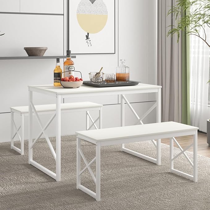 VECELO Kitchen Table with 2 Benches for 4, 43.3'' Wood Dining Room Dinette Sets with Metal Frame for Breakfast Nook and Small Space, White