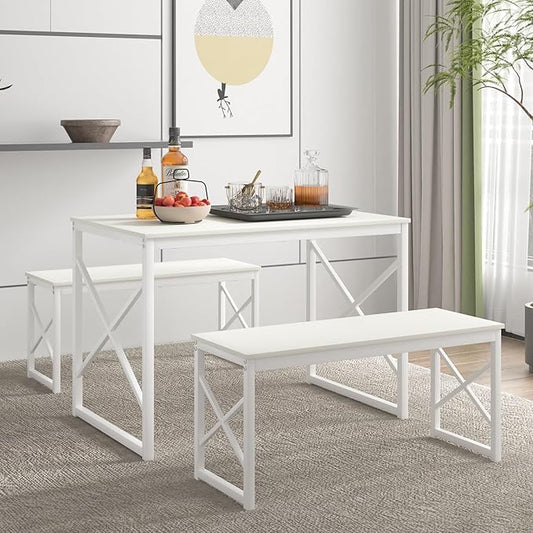 VECELO Kitchen Table with 2 Benches for 4, 43.3'' Wood Dining Room Dinette Sets with Metal Frame for Breakfast Nook and Small Space, White