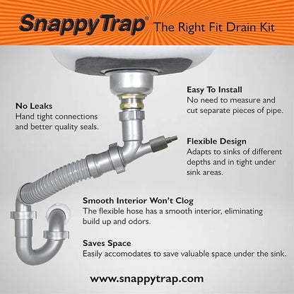 Snappy Trap Single Kitchen Sink Drain Kit, 1-1/2" with Flexible P-Trap, All-in-One Drain Kit for Single Bowl Kitchen Sinks, Universal Compatibility, No-Tool Easy Installation (DK-100 Silver)
