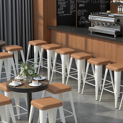 Backless Bar Stools Set of 4, Upholstered Faux Leather Counter Height Stools with Sturdy Metal Legs, 26 Inch Barstools for Kitchen Island (Brown)