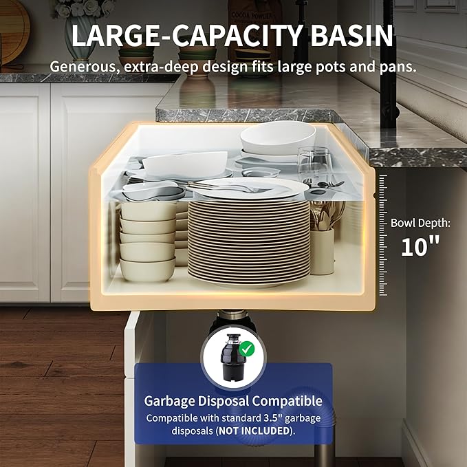 DeerValley White Farmhouse Sink Workstation 33 Inch Fireclay Apron Front Farm Sinks Single Bowl Heavy Duty Deep Drop-in Undermount Sink with Workstation Accessories