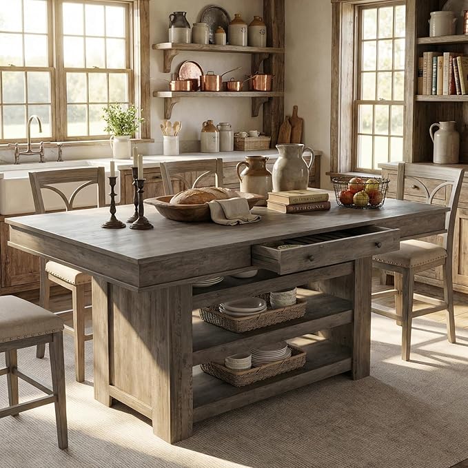 GAOMON 60" Counter Height Dining Table for 4, Farmhouse Rectangular Tall Bar Height Kitchen Dining Table & Thick Table Top, with Deepened Wine Rack & Shelves for Kitchen, Bar,Retro Gray