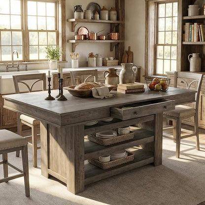 GAOMON 60" Counter Height Dining Table for 4, Farmhouse Rectangular Tall Bar Height Kitchen Dining Table & Thick Table Top, with Deepened Wine Rack & Shelves for Kitchen, Bar,Retro Gray