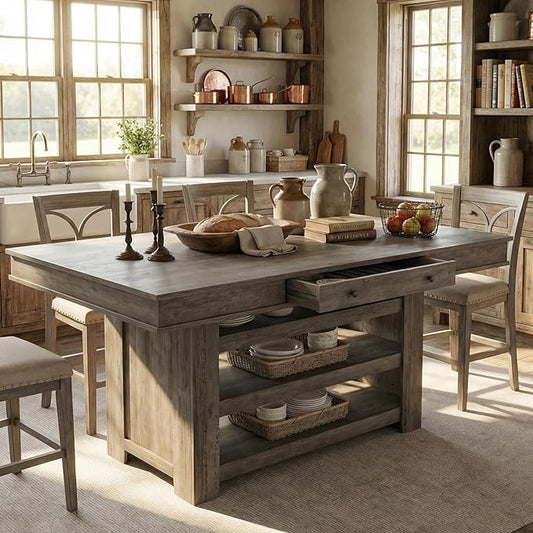 GAOMON 60" Counter Height Dining Table for 4, Farmhouse Rectangular Tall Bar Height Kitchen Dining Table & Thick Table Top, with Deepened Wine Rack & Shelves for Kitchen, Bar,Retro Gray