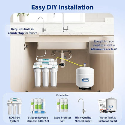 APEC Water ROES-50X 5-Stage Under Sink Reverse Osmosis Water Filter System, NSF Certified 372 & 58, 50 GPD, with Extra High Capacity Pre-Filter Set Stage 1-3
