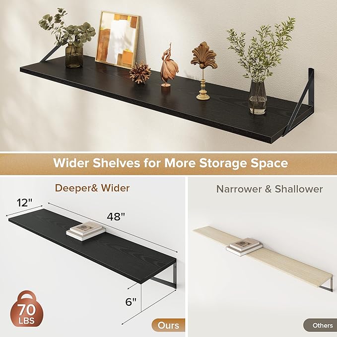 Acovy Deep Floating Shelves Wall Mounted, 48"x12" Black Wall Shelves with Brackets Set of 2 for Bedroom, Living Room, Bathroom, Kitchen, Office - Storage & Display Shelf for Decor, Books, Plants