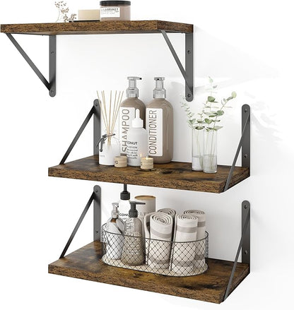 Heimlove Floating Shelves for Wall Set of 3,Light Wood Wall Mounted Bookshelf Decorative Shelf for Living Room Bathroom Bedroom Kitchen Laundry Pictures Plants Books Cats TV,Rustic Brown